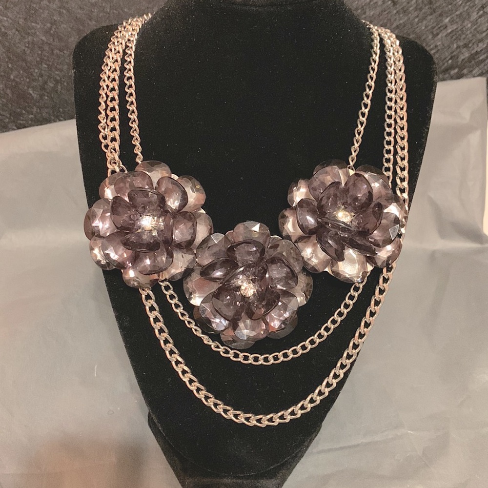 Smoky Gray Flower Bead Necklace with Silver Chains